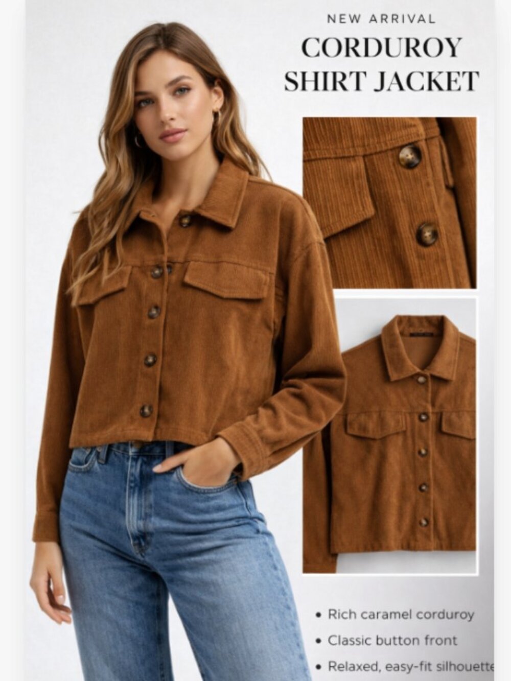 Women’s Caramel Corduroy Shirt Jacket Size L Button Front Overshirt